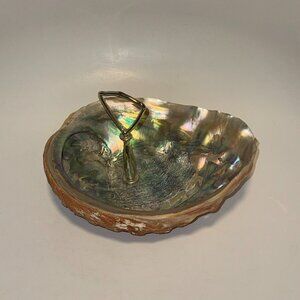 Large Abalone Shell Smudge Pot Serving Bowl Specimen Iridescent With Handle 9x7"